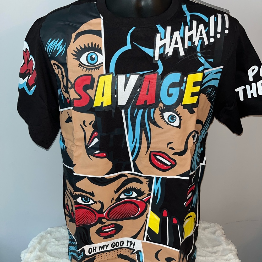 Contender Streetwear Savage Graphic Comic Pop Art Black Tee Shirt Mens 3XL